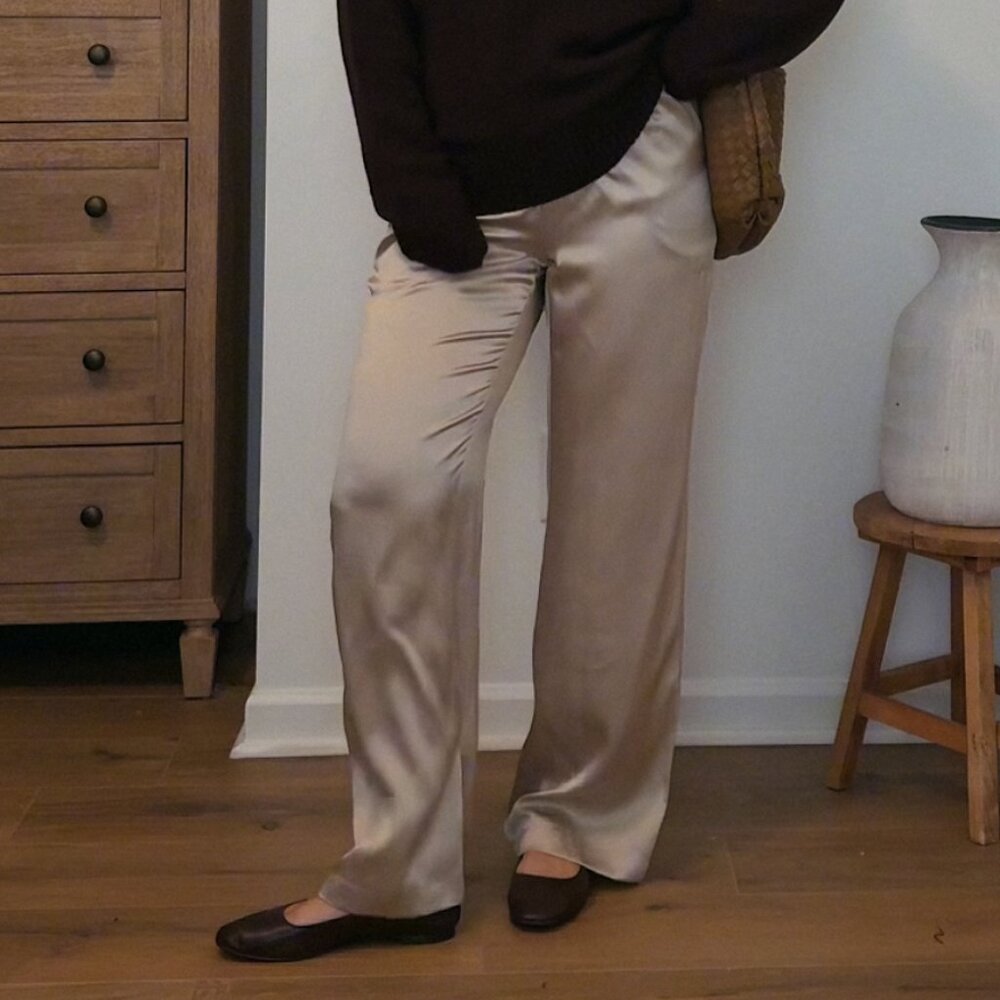 Quince 100% Washable Silk Drawstring Wide Leg Pants / M / Champagne
